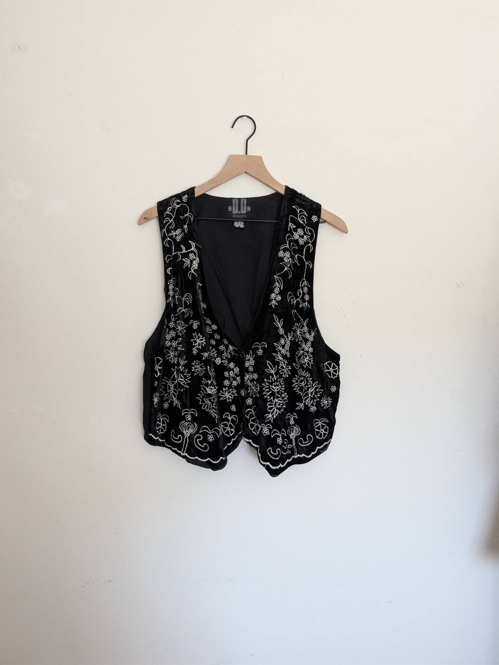 Vintage Whimsy Goth Black Velvet Embroidered V-Neck Women's Vest